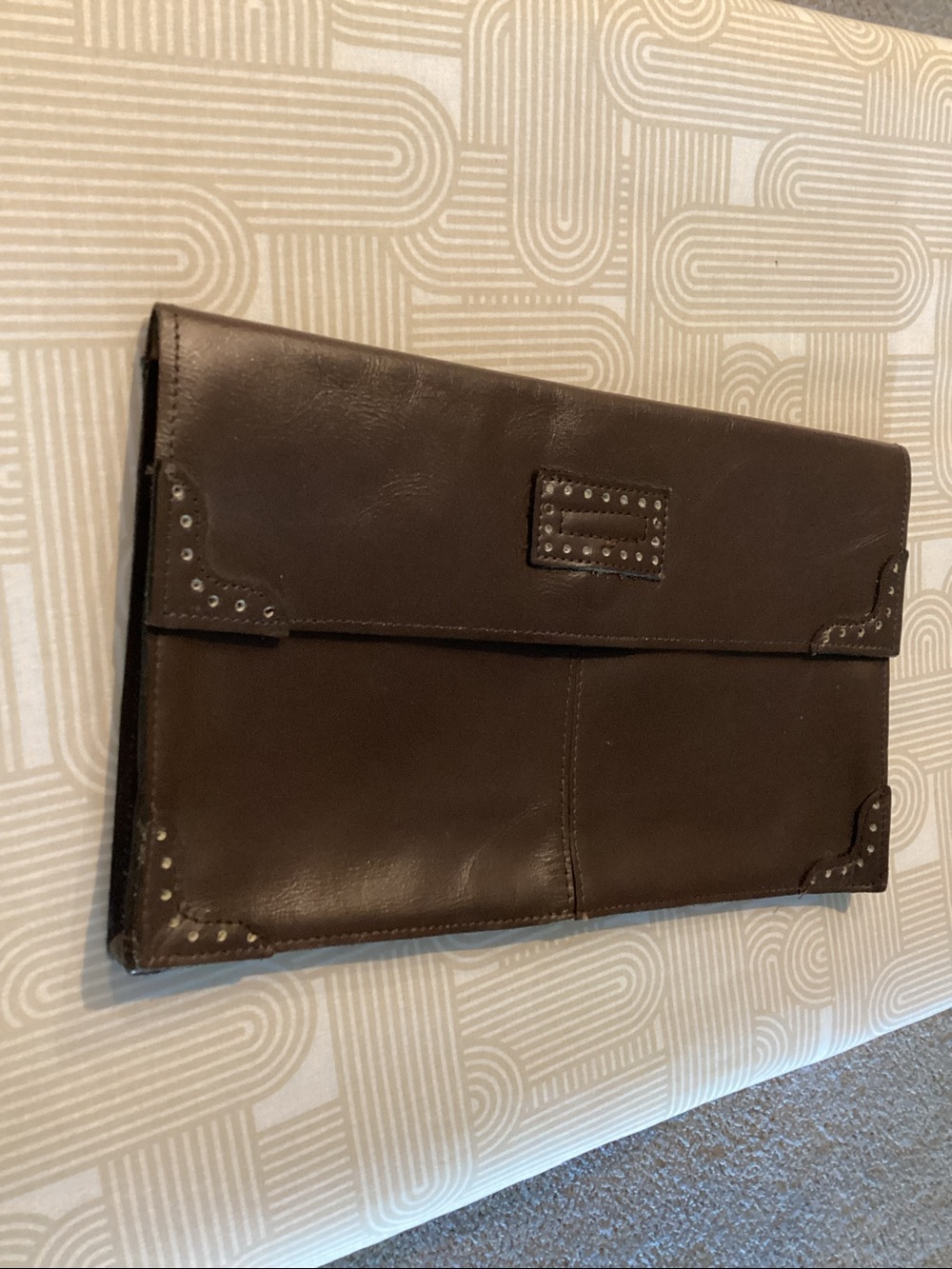 Vintage 1970s HIC Dark Brown Leather Clutch. Stud Detail. Made In Korea